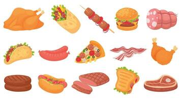 cartone animato carne cibo. fritte pollo gambe, hamburger e grigliato bistecca. faro, caldo cani e salsicce. burrito, taco e Sandwich vettore illustrazione impostato