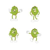 Kiwi frutta cartone animato personaggio con verdastro Marrone sfocato pelle e puntamento mano gesto, per agricoltura o fresco cibo design. Kiwi frutta vettore personaggi, cartone animato carino Kiwi frutta cartone animato emoticon.