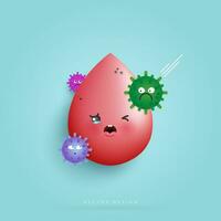 cartone animato sangue infetto di virus o germi e triste malsano infetto sangue affetti Salute. Salute cura, ospedale e prevenzione malattia concetto. cartone animato personaggio stile. vettore design.