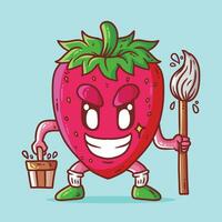 carino contento fragola frutta rastrellamento il pavimento portafortuna personaggio vettore cartone animato illustrazione. fragola vettore cartone animato illustrazione.