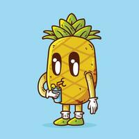 carino contento ananas frutta bevanda fresco succo portafortuna personaggio vettore cartone animato illustrazione. ananas vettore cartone animato illustrazione