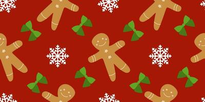 Natale senza soluzione di continuità modello con Pan di zenzero uomini su rosso sfondo con i fiocchi di neve e verde archi. vacanza decorazione, tessile modello, involucro carta, sfondo, tovaglioli. nuovo anno biscotti, dolce vettore