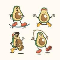 impostato di tradizionale divertente avocado cartone animato illustrazione con varia pose e espressioni vettore