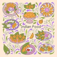 indiano cibo illustrazione. diverso autentico piatti samosa, modak, ladoo, Karanji, e altri. vettore. vettore