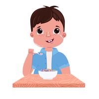 Un bambino mangia la colazione al mattino vettore