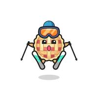 personaggio mascotte torta di mele come giocatore di sci vettore