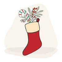 clip arte di scarabocchio Natale rosso calze autoreggenti, caramella canne e vischio su isolato rosso sfondo. vacanza design per Natale casa arredamento, vacanza saluti, Natale e nuovo anno celebrazione. vettore