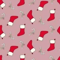 senza soluzione di continuità modello con Natale rosso calze autoreggenti e caramella canne su isolato rosso sfondo. vacanza design per Natale casa arredamento, vacanza saluti, Natale e nuovo anno celebrazione. vettore