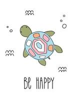 tartaruga carina isolata con testo disegnato a mano oceano mare doodle be happy vettore