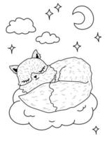 simpatico cartone animato volpe che dorme nuvole libro da colorare animali stelle luna vettore