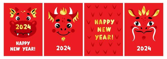 papà impostato di cartoline contento nuovo anno 2024 Cinese anno di il Drago. carino rosso e oro Drago facce vettore