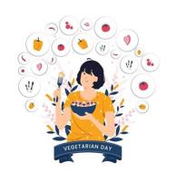 ragazza carina che mangia insalata fresca il giorno vegetariano concetto illustrazione vettore