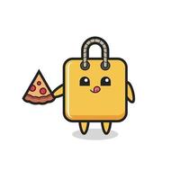 simpatico cartone animato con borsa della spesa che mangia pizza vettore