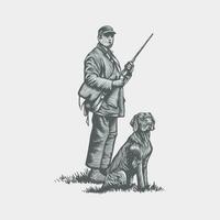 vettore cacciatore e il suo cane. illustrazioni con Vintage ▾ stile incisione tecniche