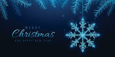wireframe fiocco di neve e Natale albero rami, Basso poli stile. nuovo anno striscione. astratto moderno vettore illustrazione su blu sfondo