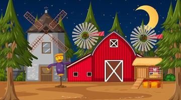 fattoria vuota di notte scena con fienile rosso e mulino a vento vettore