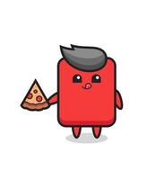 simpatico cartone animato cartellino rosso che mangia pizza vettore