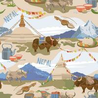 attributi di nepalese cultura. senza soluzione di continuità modello. vettore, piatto stile. montagne, buddista stupa, tè con burro e sale, karangi, vegetariano nepalese thali impostato dal babbo, yak. vettore