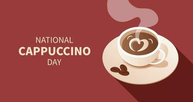 nazionale cappuccino giorno sfondo. bianca boccale di cappuccino con schiuma e cuore forma disegno. modello per sfondo, striscione, carta, manifesto con testo iscrizione. novembre 8. vettore piatto illustrazione