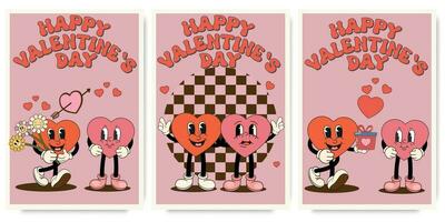 Groovy bello cuori manifesti con amore personaggio . amore concetto. contento san valentino giorno saluto carta. impaurito sfondo nel di moda retrò 60s 70s cartone animato stile. vettore illustrazione