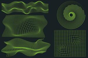 delirio psichedelico retrò futuristico impostare. surreale geometrico forme, astratto sfondi e modelli, wireframe, cyberpunk elementi e prospettiva griglie. vettore per sociale reti o manifesti