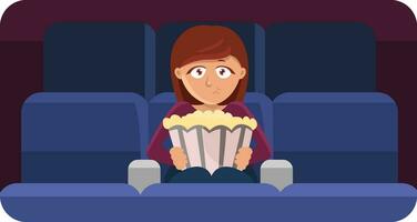 ragazza nel cinema con Popcorn, illustrazione, vettore su un' bianca sfondo.