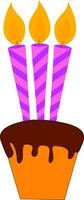 un' piccolo fondente torta sormontato con tre raggiante a strisce rosa candele, vettore o colore illustrazione.
