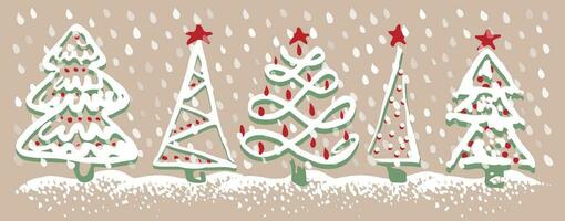 Vintage ▾ vacanza carta con Natale alberi e neve. schizzo mano disegnato natale modello. scarabocchio infantile silhouette arte. inverno nuovo anno festivo abeti su beige sfondo. vettore Vintage ▾ illustrazione.