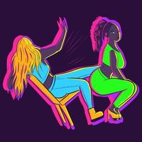illustrazione al neon di una donna che si china e prende a calci un'altra ragazza vettore