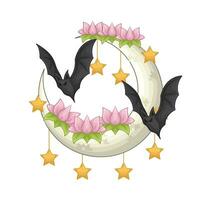 fiore, stella, Luna con pipistrello illustrazione vettore