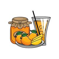 Mango frutta nel piatto, vaso marmellata Mango con succo Mango illustrazione vettore