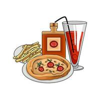 Pizza peperoni, bere, francese patatine fritte con bottiglia salsa illustrazione vettore