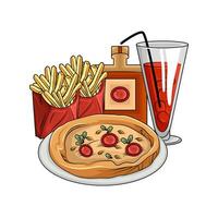 Pizza peperoni, francese patatine fritte, bottiglia salsa con bevanda illustrazione vettore