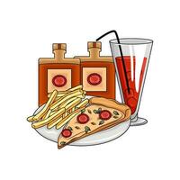 Pizza peperoni, bere, francese patatine fritte con bottiglia salsa illustrazione vettore