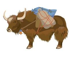 un' Marrone yak con borse su suo Indietro. vettore, piatto stile. un' animale domestico è tradizionalmente Usato per carico mezzi di trasporto nel Tibet e Nepal. latteria bestiame siamo molto diffuso nel il altopiani. cartone animato stile. vettore