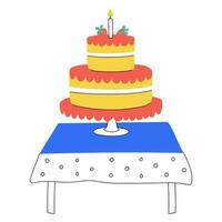 mano disegnato compleanno torta con candele su il tavolo con tovaglia. dolce cibo, dolce. simbolo di festivo evento. colore piatto vettore illustrazione isolato su un' bianca sfondo.