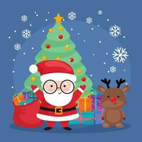 carino Santa claus, cervo e Natale albero. Natale regali. allegro Natale vettore saluto carta.