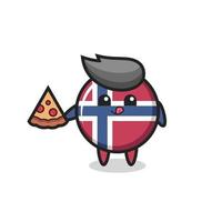 simpatico cartone animato distintivo della bandiera della norvegia che mangia pizza vettore
