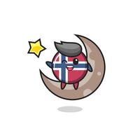 illustrazione del fumetto del distintivo della bandiera della Norvegia seduto sulla mezza luna vettore