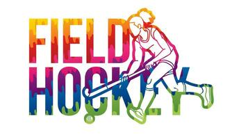 campo hockey colorato font design con femmina giocatore azione cartone animato grafico vettore