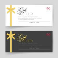 regalo carta o voucher; tagliando vettore modello design con d'oro magro regalo arco bianca e nero colore, moderno elegante regalo certificato o buono offrire Immagine