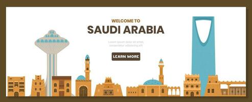 benvenuto per Arabia arabia vettore orizzontale bandiera con tradizionale e moderno edifici.