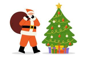 Santa Claus partire con regalo Borsa vicino Natale albero. vettore