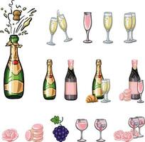 impostato di colorato alcool con Champagne, bicchieri di vino illustrazione vettore