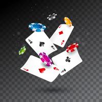 Illustrazione di caduta chip e carte da poker di casinò realistico vettore