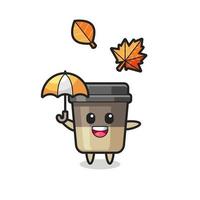 cartone animato della simpatica tazza di caffè che tiene un ombrello in autunno vettore
