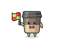 personaggio della tazza di caffè come giudice di linea che alza la bandiera vettore