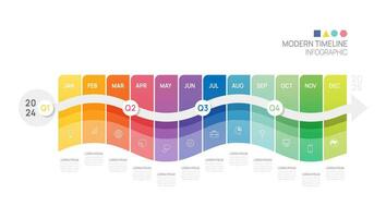 attività commerciale passo sequenza temporale Infografica freccia modello. moderno pietra miliare elemento sequenza temporale diagramma calendario e 4 trimestre temi, vettore infografica.