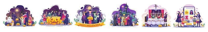 set di persone in costume che celebrano l'illustrazione vettoriale di halloween