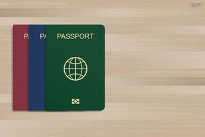 set di passaporto su uno sfondo di legno. vettore. vettore